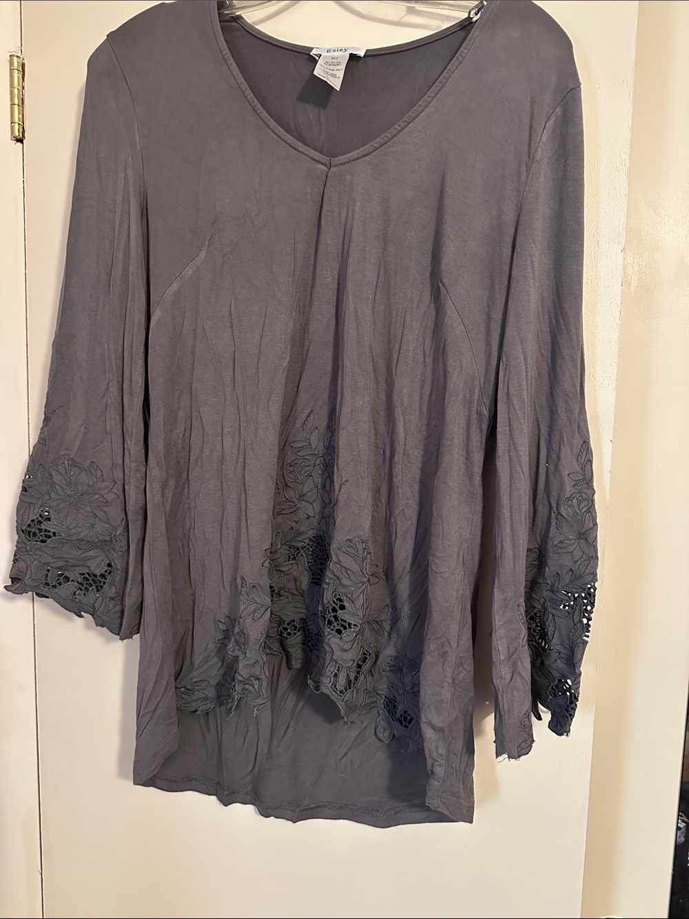 Esley Slate Gray V-Neck Lace-Trim Tunic